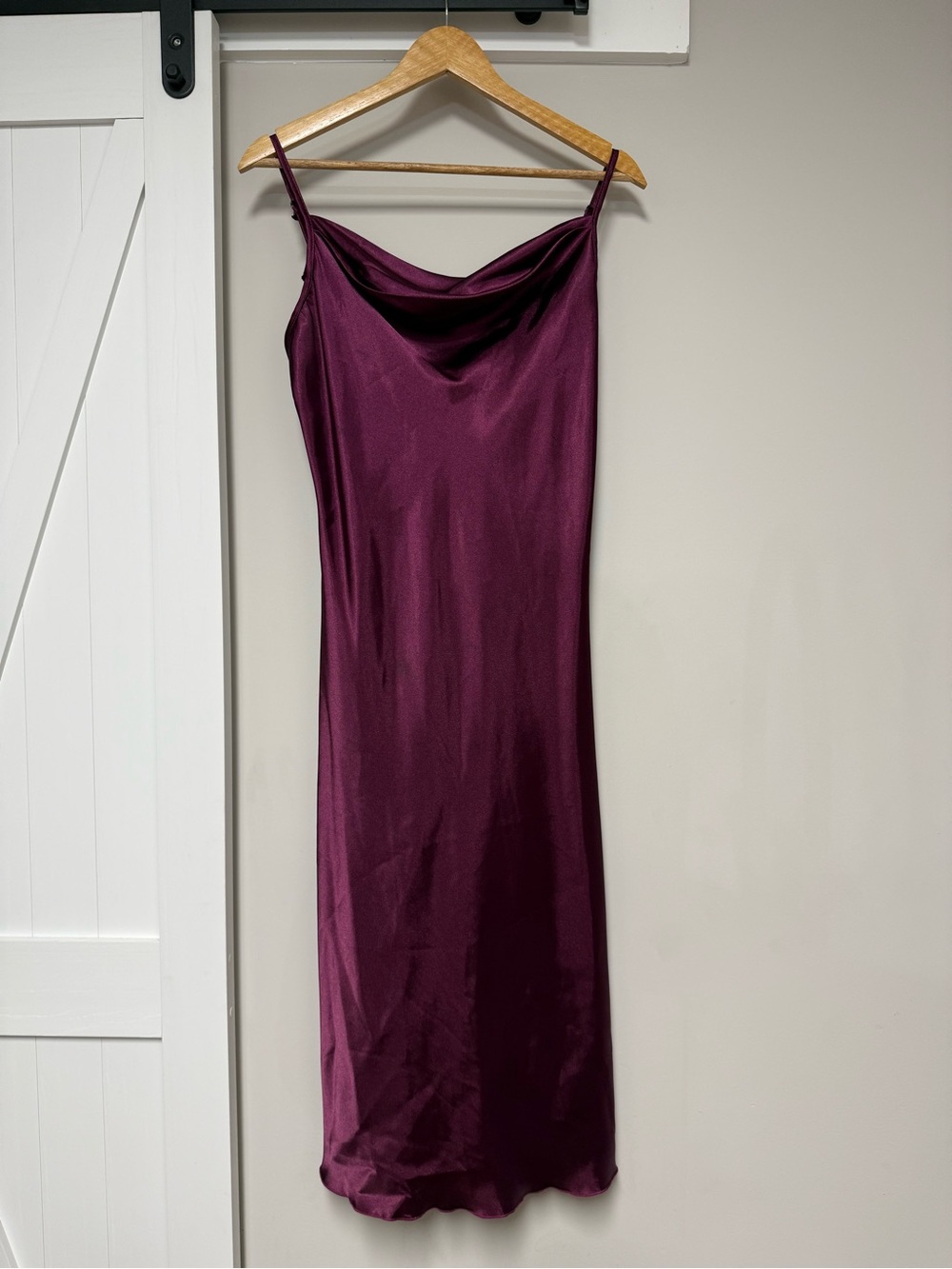 bebe Satin Cowl Slip Dress in Plum